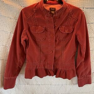 Anthropologie Rust Red Ruffle-Hem Button Jean Jacket